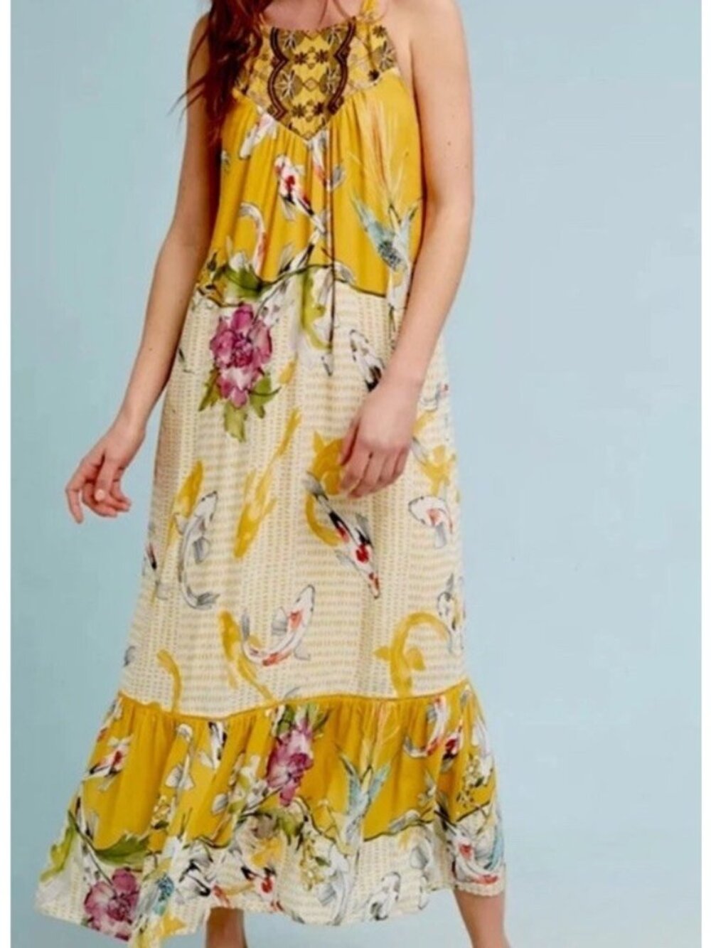 ONE SEPTEMBER Anthropologie Paradiso Koi Fish Embroidered Maxi Dress Lg Petite